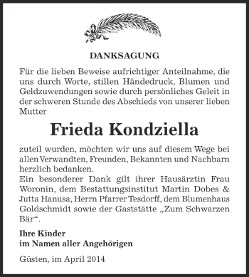 Traueranzeige von Frieda Kondziella von Super Sonntag Bernburg