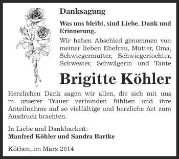 Traueranzeige von Brigitte Köhler von WVG - Wochenspiegel Dessau / Köthen