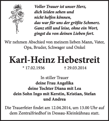 Traueranzeige von Karl-Heinz Hebestreit von Super Sonntag Dessau / Köthen