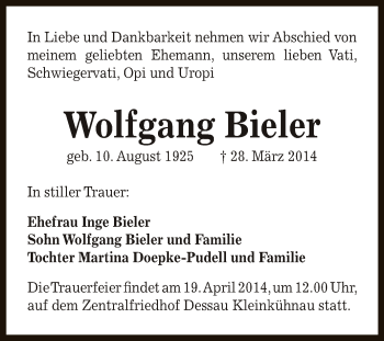 Traueranzeige von Wolfgang Bieler von WVG - Wochenspiegel Dessau / Köthen