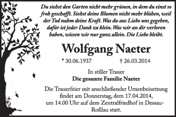 Traueranzeige von Wolfgang Naeter von Super Sonntag Dessau / Köthen