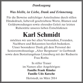 Traueranzeige von Karl Schmidt von Wochenspiegel Mansfelder Land