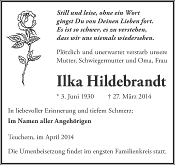 Traueranzeige von Ilka Hildebrandt von WVG - Wochenspiegel NMB / WSF / ZTZ