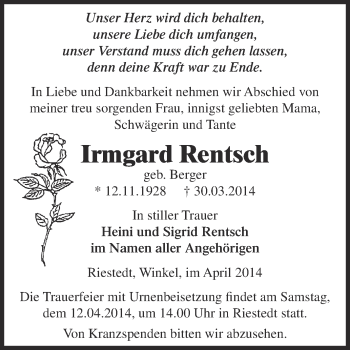 Traueranzeige von Irmgard Rentsch von Super Sonntag SGH Mansf. Land