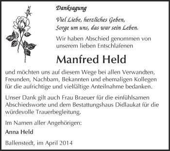 Traueranzeige von Manfred Held von WVG - Wochenspiegel Quedlinburg