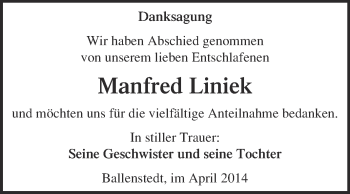 Traueranzeige von Manfred Liniek von WVG - Wochenspiegel Quedlinburg