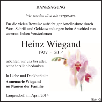 Traueranzeige von Heinz Wiegand von WVG - Wochenspiegel NMB / WSF / ZTZ