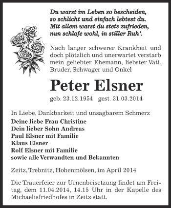 Traueranzeige von Peter Elsner von Super Sonntag Zeitz