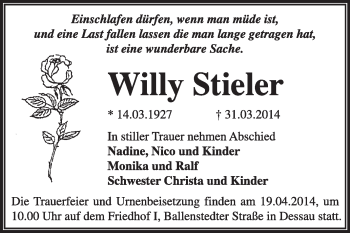 Traueranzeige von Willy Stieler von Super Sonntag Dessau / Köthen