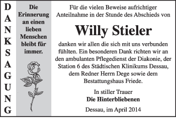 Traueranzeige von Willy Stieler von Super Sonntag Dessau / Köthen