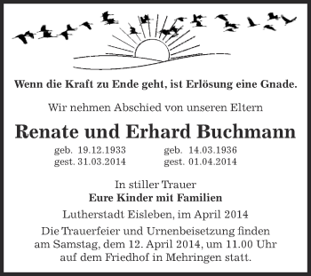 Traueranzeige von Renate und Eberhard Buchmann von Super Sonntag Aschersleben