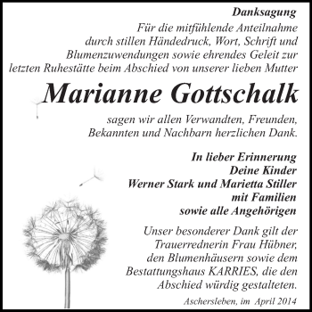 Traueranzeige von Marianne Gottschalk von WVG - Wochenspiegel Quedlinburg