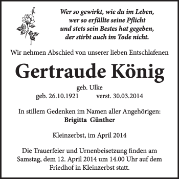 Traueranzeige von Gertraude König von Super Sonntag Dessau / Köthen