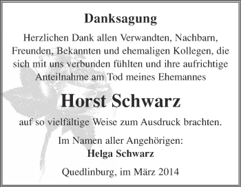 Traueranzeige von Horst Schwarz von WVG - Wochenspiegel Quedlinburg