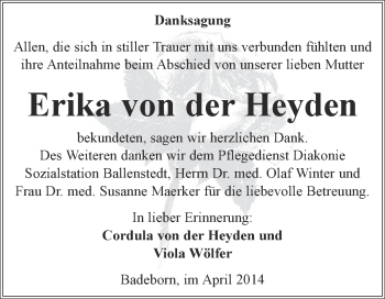 Traueranzeige von Erika von der Heyden von WVG - Wochenspiegel Quedlinburg