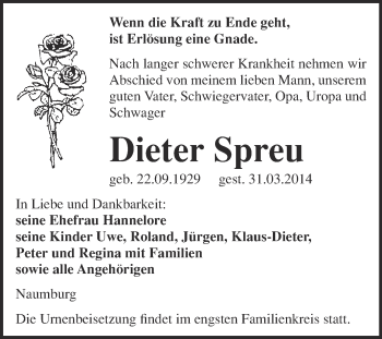Traueranzeige von Dieter Spreu von WVG - Wochenspiegel NMB / WSF / ZTZ