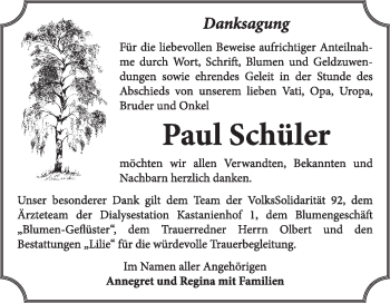 Traueranzeige von Paul Schüler von Super Sonntag Dessau / Köthen