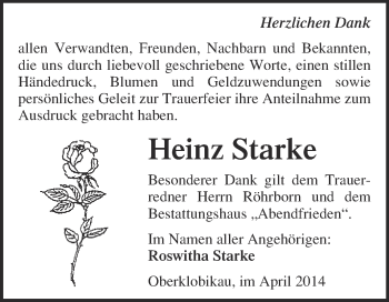 Traueranzeige von Heinz Starke von WVG - Wochenspiegel Merseburg