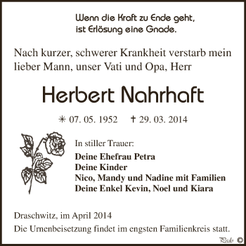 Traueranzeige von Herbert Nahrhaft von Super Sonntag Zeitz