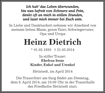 Traueranzeige von Heinz Dietrich von Super Sonntag SGH Mansf. Land