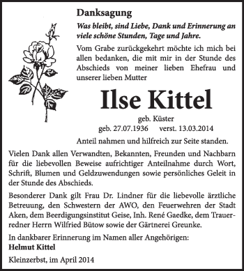 Traueranzeige von Ilse Kittel von Super Sonntag Dessau / Köthen