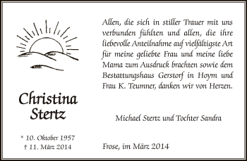 Traueranzeige von Christina Stertz von WVG - Wochenspiegel Aschersleben