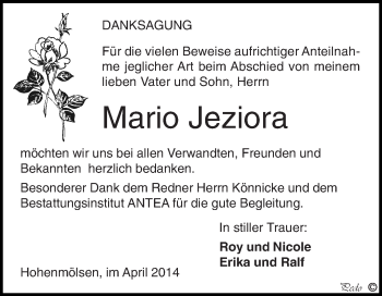 Traueranzeige von Mario Jeziora von WVG - Wochenspiegel NMB / WSF / ZTZ