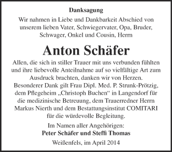 Traueranzeige von Anton Schäfer von WVG - Wochenspiegel NMB / WSF / ZTZ