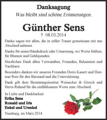 Traueranzeige von Günther Sens von Super Sonntag Bernburg