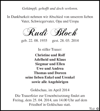 Traueranzeige von Rudi Bloch von Super Sonntag Zeitz
