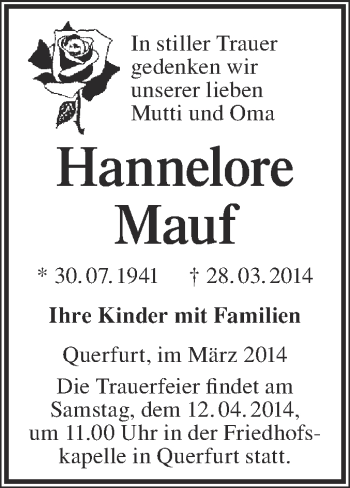 Traueranzeige von Hannelore Mauf von WVG - Wochenspiegel Merseburg