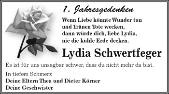 Traueranzeige von Lydia Schwertfeger von WVG - Wochenspiegel Dessau / Köthen