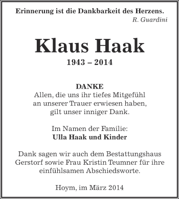 Traueranzeige von Klaus Haak von Super Sonntag Aschersleben