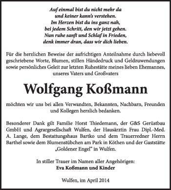 Traueranzeige von Wolfgang Koßmann von Super Sonntag Dessau / Köthen