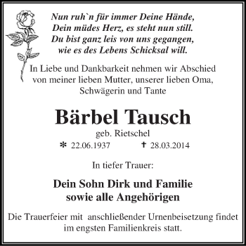 Traueranzeige von Bärbel Tausch von WVG - Wochenspiegel Dessau / Köthen