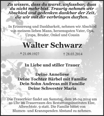 Traueranzeige von Walter Schwarz von Super Sonntag Dessau / Köthen