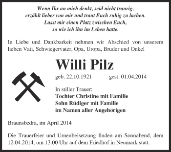 Traueranzeige von Willi Pilz von WVG - Wochenspiegel Merseburg