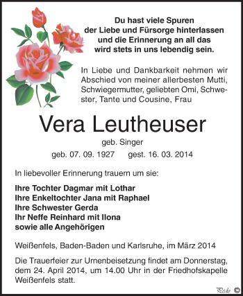 Traueranzeige von Vera Leutheuser von WVG - Wochenspiegel NMB / WSF / ZTZ