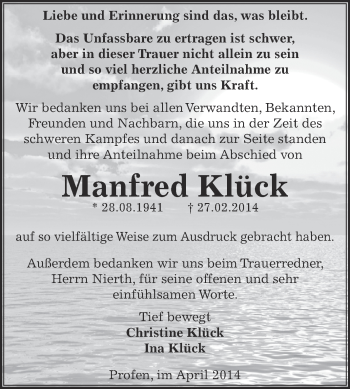 Traueranzeige von Manfred Klück von Super Sonntag Zeitz