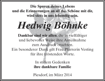 Traueranzeige von Hedwig Böhnke von Super Sonntag Bernburg