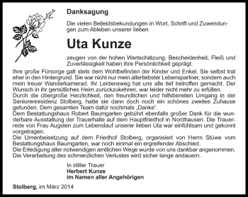 Traueranzeige von Uta Kunze von Super Sonntag Zeitz