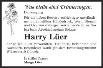 Traueranzeige von Harry Lüer von Super Sonntag Bernburg