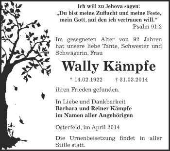 Traueranzeige von Wally Kämpfe von Super Sonntag Zeitz