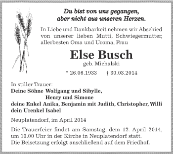 Traueranzeige von Else Busch von Wochenspiegel Mansfelder Land