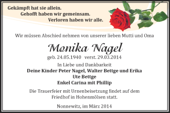 Traueranzeige von Monika Nagel von Super Sonntag Zeitz