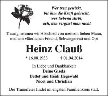 Traueranzeige von Heinz Clauß von Super Sonntag Dessau / Köthen