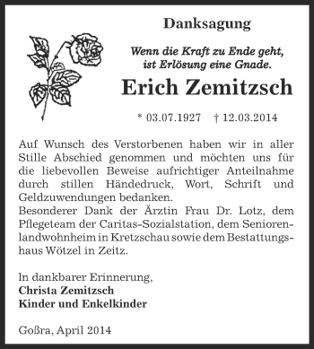 Traueranzeige von Erich Zemitzsch von Super Sonntag Zeitz