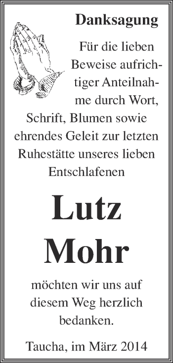 Traueranzeige von Lutz Mohr von WVG - Wochenspiegel NMB / WSF / ZTZ