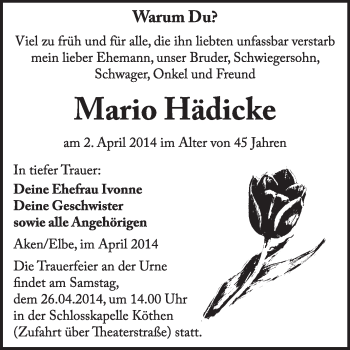 Traueranzeige von Mario Hädicke von Super Sonntag Dessau / Köthen