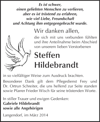 Traueranzeige von Steffen Hildebrandt von WVG - Wochenspiegel NMB / WSF / ZTZ